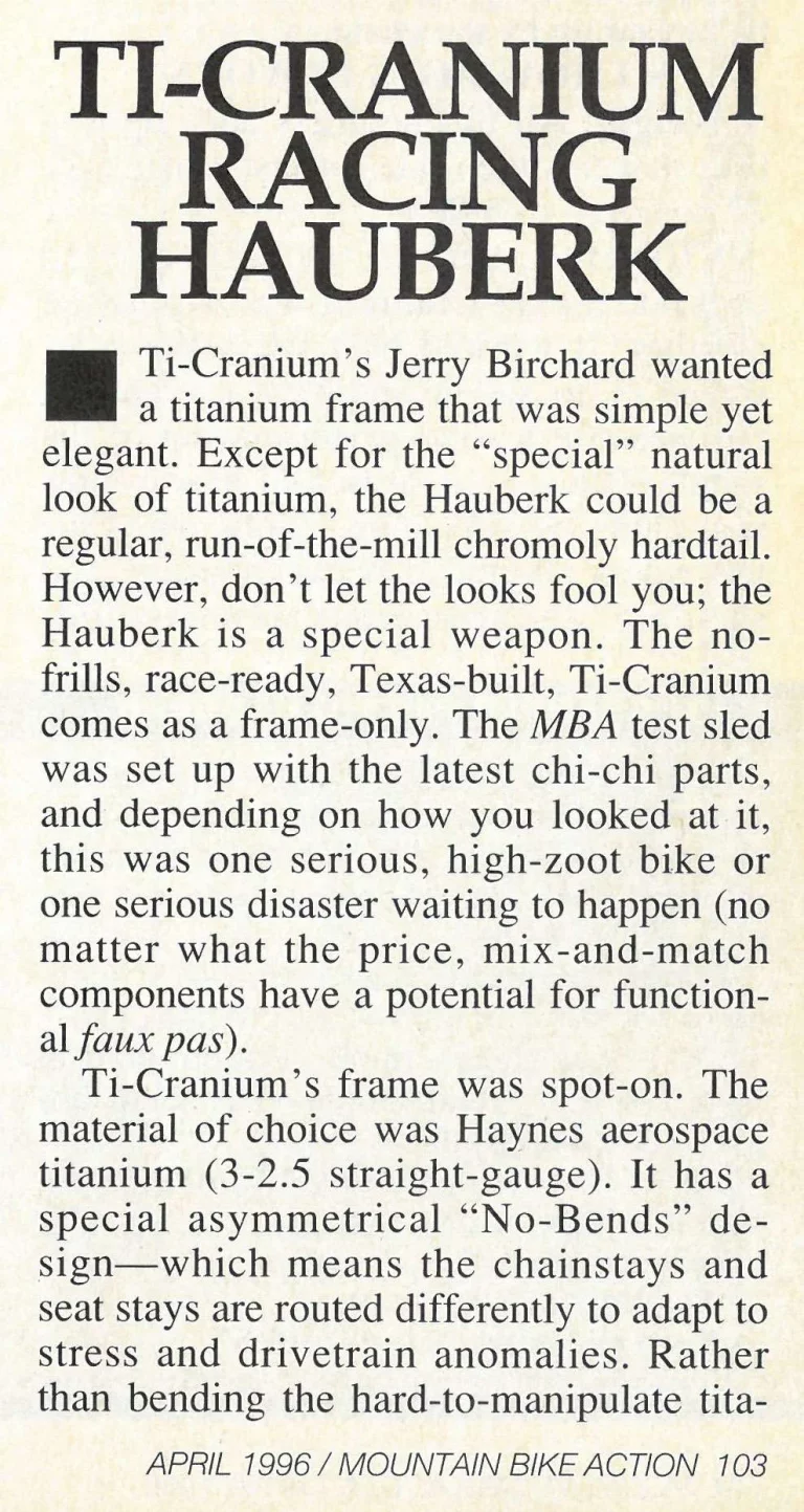 Article Ti Cranium Racing Hauberk 1996